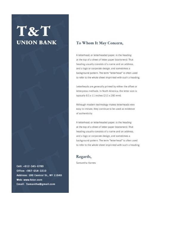 Bank Letterhead Sample