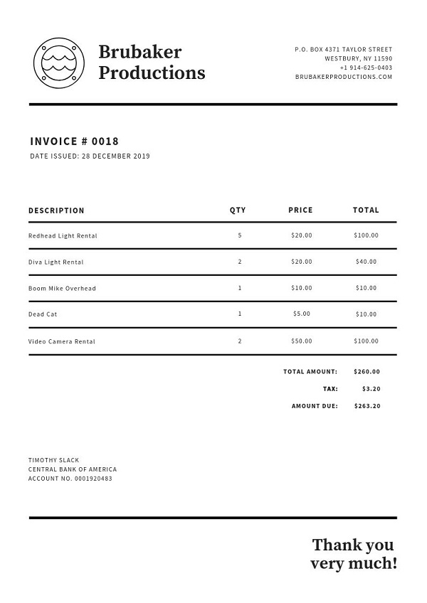 Black and White Minimal Invoice Letterhead