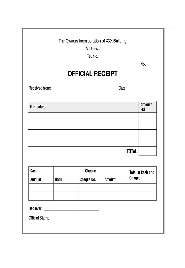 Official Receipt of Payment Letterhead